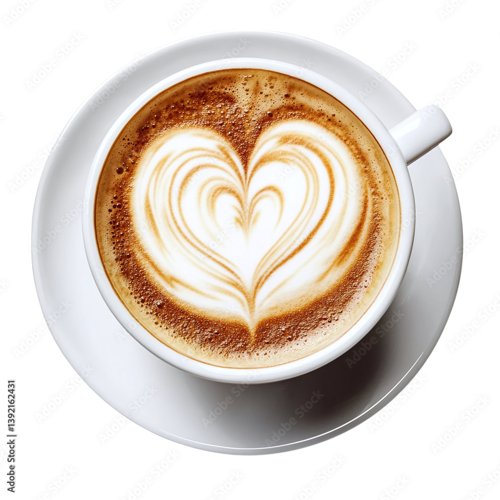 Latte coffee with heart art in a white cup, placed on transparent background. Latte coffee with heart art in a white cup, placed on transparent background.