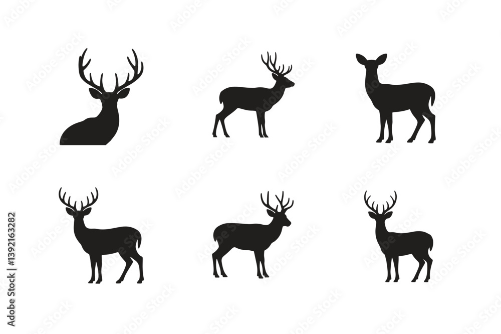 Set of deer silhouettes in black and white, featuring various wild deer species like reindeer, stag, and moose with antlers, perfect for wildlife and nature-themed illustrations Set of deer silhouettes in black and white, featuring various wild deer species like reindeer, stag, and moose with antlers, perfect for wildlife and nature-themed illustrations