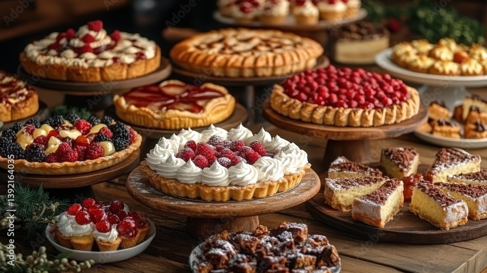 Fototapeta premium Delicious Assortment of Sweet Fruit Tarts and Cakes on Wooden Stands A Festive Bakery Display