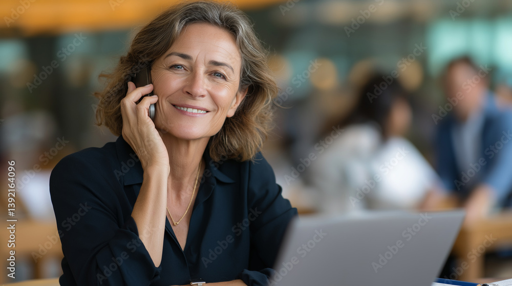 Obraz premium Cheerful businesswoman in office engaging in phone conversation