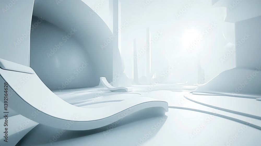 Futuristic lounge chairs in minimalist white space, sunlit cityscape background, design concept Futuristic lounge chairs in minimalist white space, sunlit cityscape background, design concept