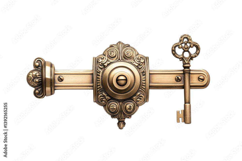 Obraz premium Antique ornate brass door lock and key elegant design detailed craftsmanship vintage style home isolated on transparent background