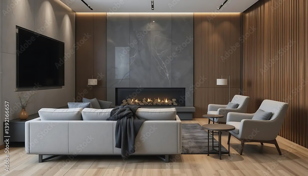 Sophisticated interior showcasing fireplace, seating, and modern design elements