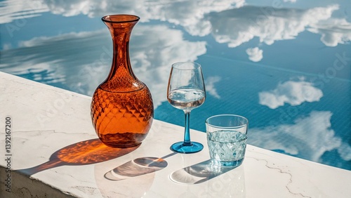 Glassware floats amidst swirling abstract patterns, a surreal still life against trendy wallpaper.