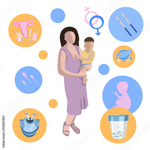 Vector isolated illustration of pregnancy planning. Search for a sperm donor. Freezing of eggs and sperm. Preparation for artificial insemination.