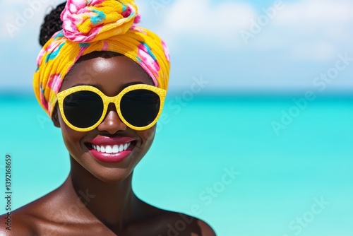 Elegant smiling woman in bright sunglasses confidently enjoying sunny stylish summer vibes