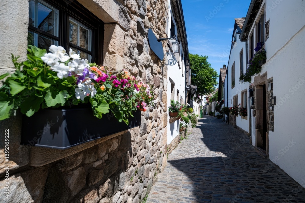 Fototapeta premium A picturesque cobblestone alleyway adorned with vibrant flower boxes, reflecting the beauty of quaint architecture and peaceful surroundings under a brilliant blue sky.