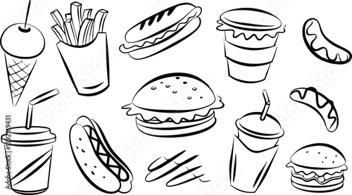 Fast Food Icons Burgers, Hot Dogs, Fries, Soda, Ice Cream