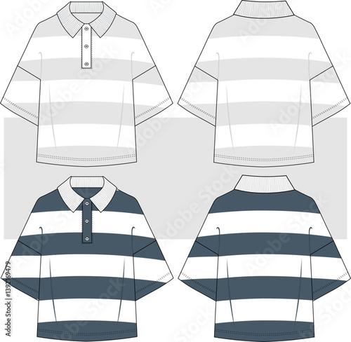 Men's oversize striped t-shirt technical drawing. rugby stripes, short sleeves, polo collar technical illustration, vector. front and back view. CAD mockup.