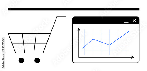 Shopping cart alongside a data graph in a web browser window representing e-commerce growth and online business analysis. Ideal for retail, digital marketing, sales, analytics, performance tracking