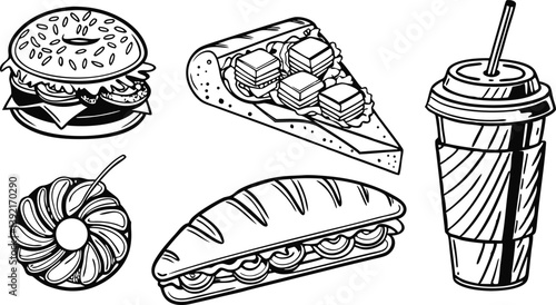 Fast Food Menu Burger, Bagel, Sandwich, Pizza, Donut, Drink