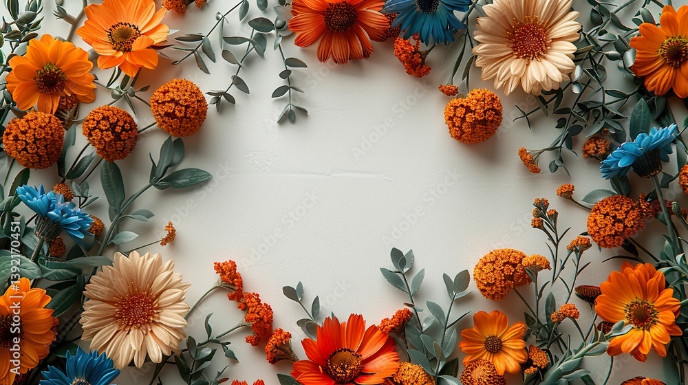 Obraz premium A variety of blooming flowers, form a vibrant frame on a white background, leaving a blank space in the middle for writing HD 8K mockup wallpaper Photographic Image