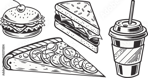 Fast Food Classics Burger, Sandwich, Pizza, and Soda