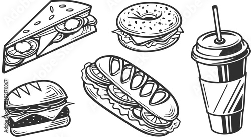 Fast Food Menu Burgers, Sandwiches, Bagels, and Drinks