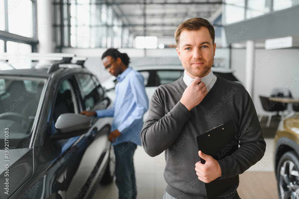 Portrait of Modern car seller standing in car salon with copy space Portrait of Modern car seller standing in car salon with copy space