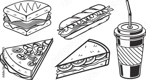 Fast Food Line Art Sandwiches, Pizza, Soda, Delicious Meal