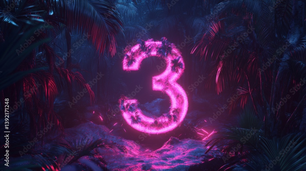 Obraz premium Glowing neon jungle-style number 