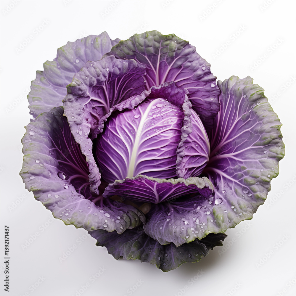 Obraz premium Fresh Purple Cabbage with Dew Drops Closeup Studio Shot