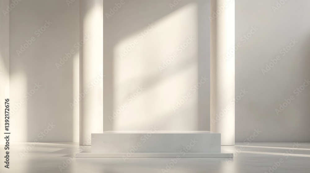 Empty White Modern Podium, Sunlit Studio Empty White Modern Podium, Sunlit Studio