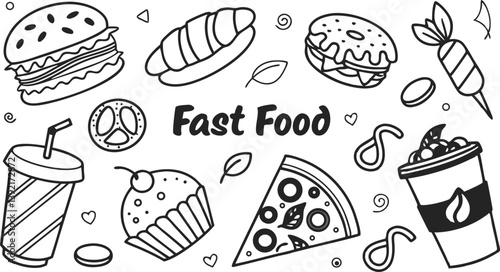 Delicious Fast Food Icons Burger, Pizza, Croissant, and More