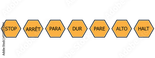  Set of octagonal red and white stop sings in various languages including English,French,Spanish,Portuguese,German,Turkish vector icon image