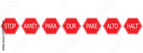  Set of octagonal red and white stop sings in various languages including English,French,Spanish,Portuguese,German,Turkish vector icon image