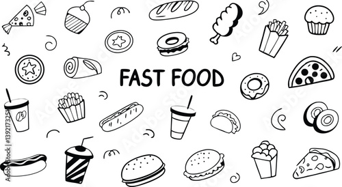 HandDrawn Fast Food Icons Burgers, Pizza, Fries, and More