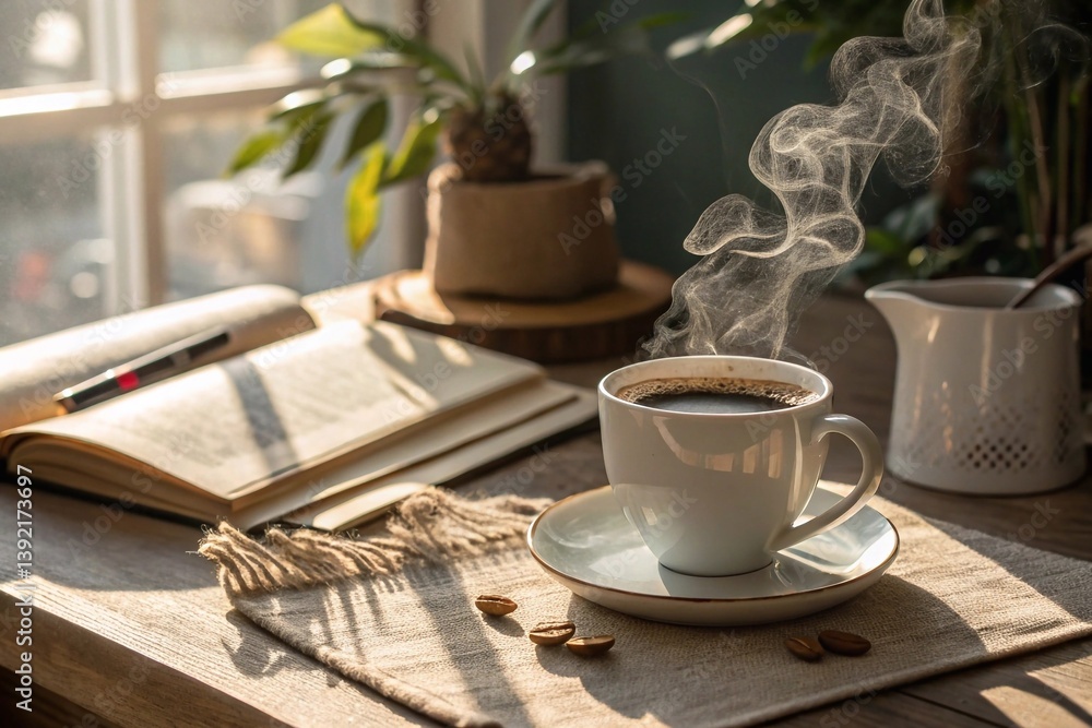 Fototapeta premium Photo of a coffee cup on a table, warm atmosphere, natural lighting, for use in culinary and lifestyle blogs. Morning cup of coffee. Natural coffee