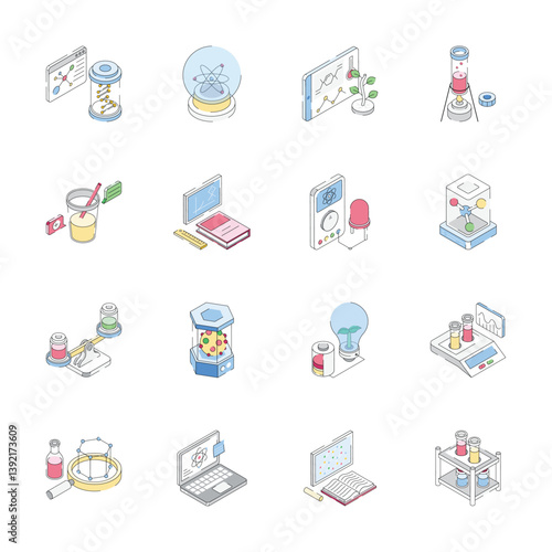 Premium bundle of science and lab study isometric style icons