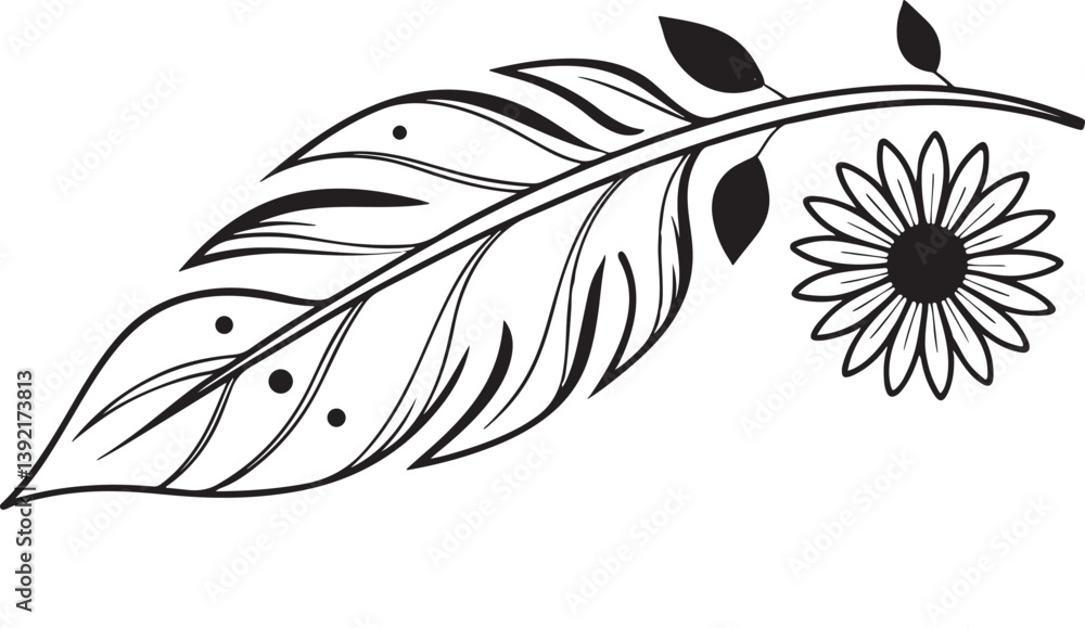 Fototapeta premium Sunflower lack and white floral vector pattern with leaf and branch silhouettes