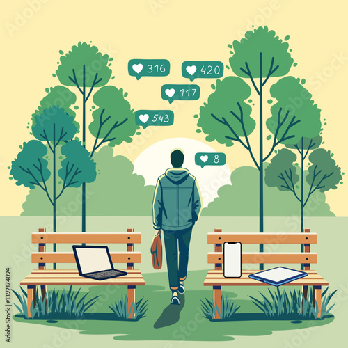 A conceptual illustration of a person walking away from digital devices and social media likes, symbolizing mental health, digital detox, emotional clarity and inner peace.