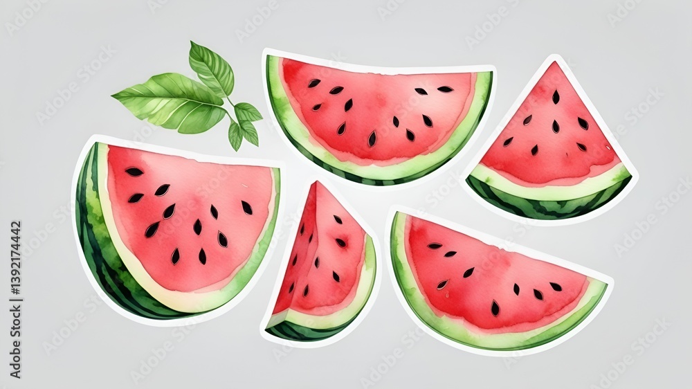 Set of slices of watermelon isolated on a white background. Watercolor half-eaten watermelons. Red juicy fruits clipart. Hand-drawn watermelon's slices. Fresh food illustration. Set of slices of watermelon isolated on a white background. Watercolor half-eaten watermelons. Red juicy fruits clipart. Hand-drawn watermelon's slices. Fresh food illustration.