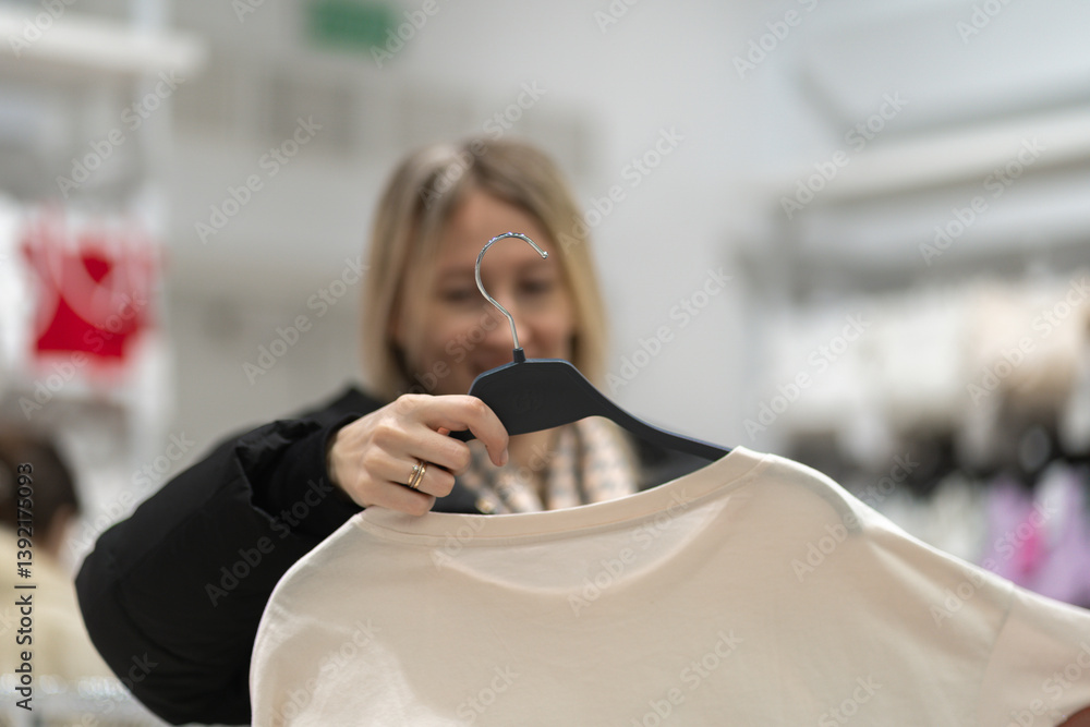 Smiling female customer enjoying a shopping experience in a fashion store, holding a hanger with a stylish white t-shirt while thoughtfully choosing from a variety of apparel