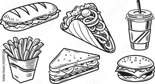 Fast Food Menu Burgers, Sandwiches, Fries, and Drinks