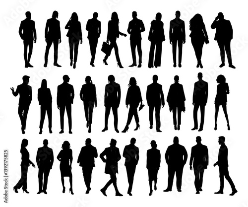 Silhouettes of business people walking, men and women full length front, side, back view. Vector illustration isolated black on white background. Avatar, icons for website