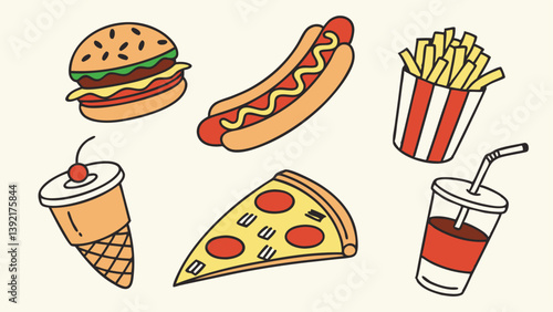 Delicious Fast Food Icons Burger, Hot Dog, Fries, Pizza, Soda