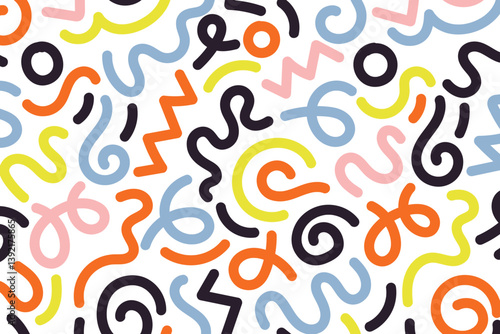 Memphis geometric. black and white abstract background in retro 80s, 90s style with various shapes: circles, dots, zigzags, spirals, wavy lines.	