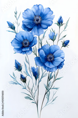 Beautiful watercolor illustration of delicate blue flowers with buds and green leaves on a white background