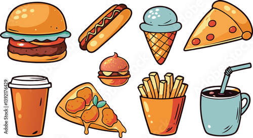 Delicious Fast Food Icons Burger, Pizza, Fries, Soda, Ice Cream