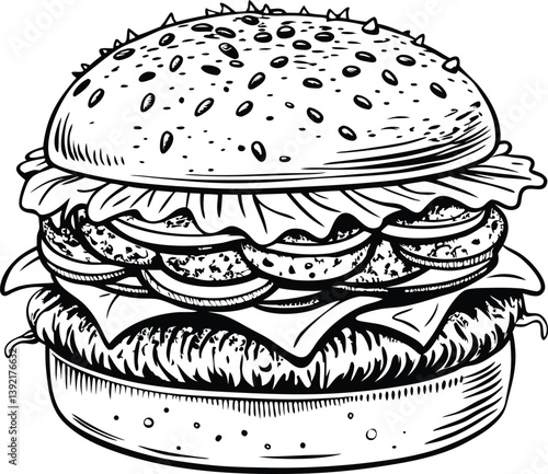 Delicious Juicy Burger Sesame Bun, Patty, Cheese, Lettuce, Tomato