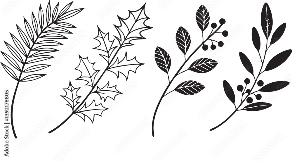 Fototapeta premium Black and white floral branch pattern with leaf and butterfly silhouette art