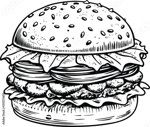 Delicious HandDrawn Burger Sesame Bun, Lettuce, Onions, Patty