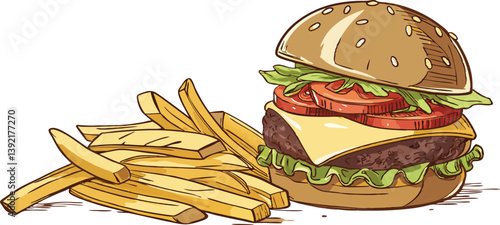 Juicy Cheeseburger with Crispy French Fries, Delicious Meal