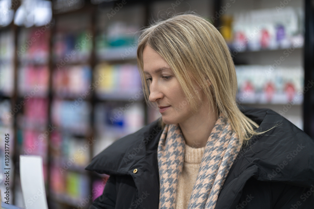 Blonde woman wearing a stylish black winter coat and a cozy scarf, selecting cosmetics in a beauty shop, examining shelves brimming with various products for her personal care routine