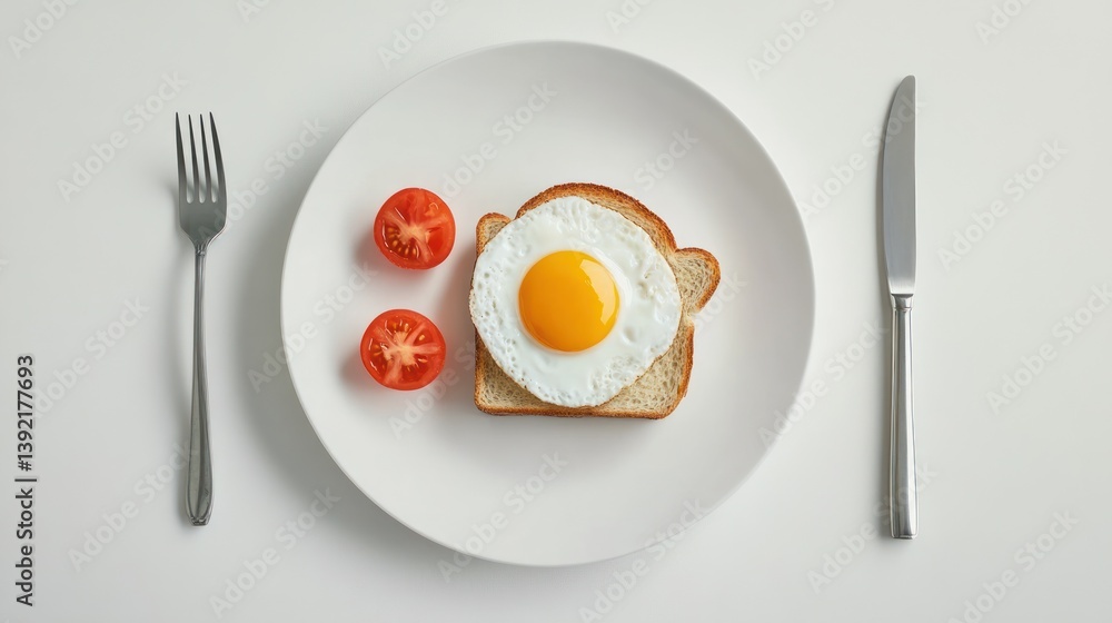 Fried Egg on Toast with Tomatoes, Simple Breakfast, White Table Setting Fried Egg on Toast with Tomatoes, Simple Breakfast, White Table Setting