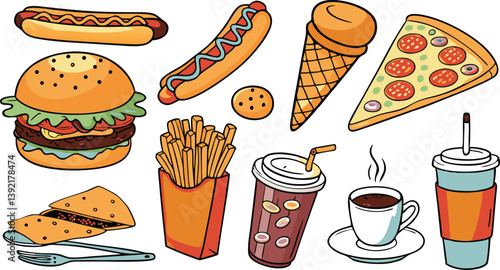 Delicious Fast Food Burgers, Hot Dogs, Pizza, Fries, Ice Cream