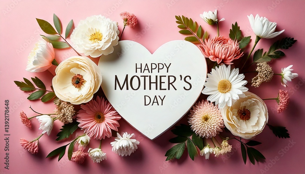 Mother's Day background with heart, wishes and flowers