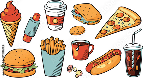 Fast Food Collection Pizza, Burger, Fries, Ice Cream, Drinks