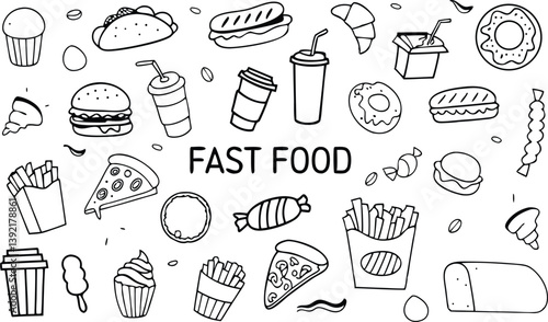 Delicious Fast Food Icons Burgers, Fries, Pizza, Donuts, and More