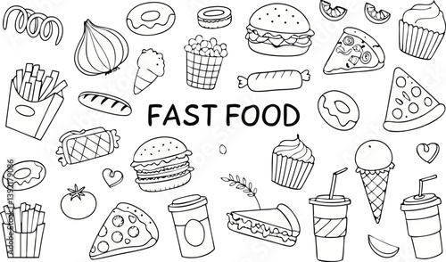 Delicious Fast Food Icons Burgers, Pizza, Fries, and Sweets